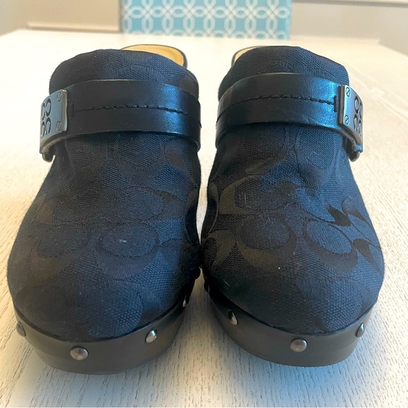 Coach Ivy Black Wooden Platform Studded Mule Clogs Heel Logo Womens Size 8 - Picture 2 of 6